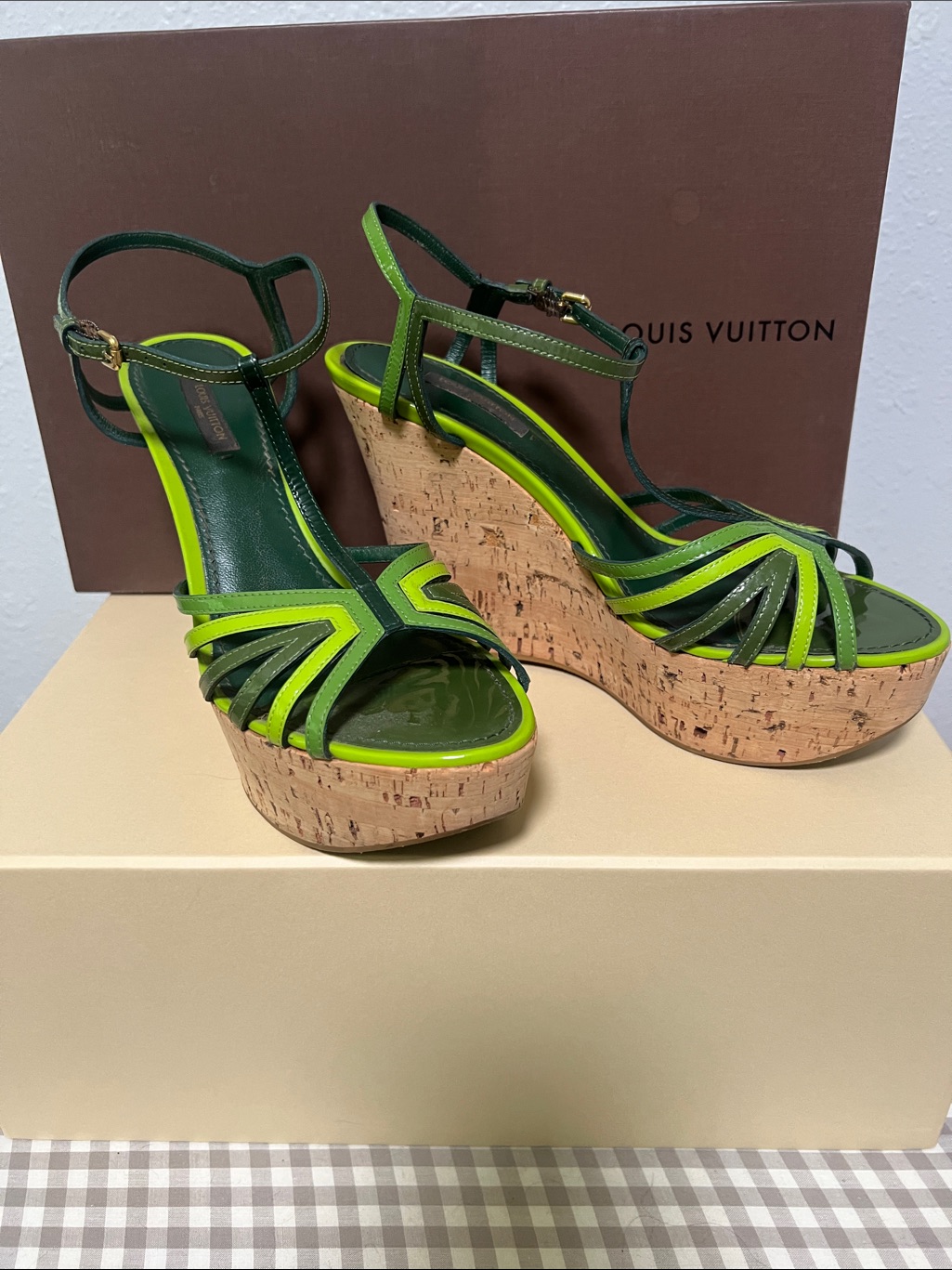 Louis Vuitton Green Three-Tone Cork Wedge Sandals | Sz 39